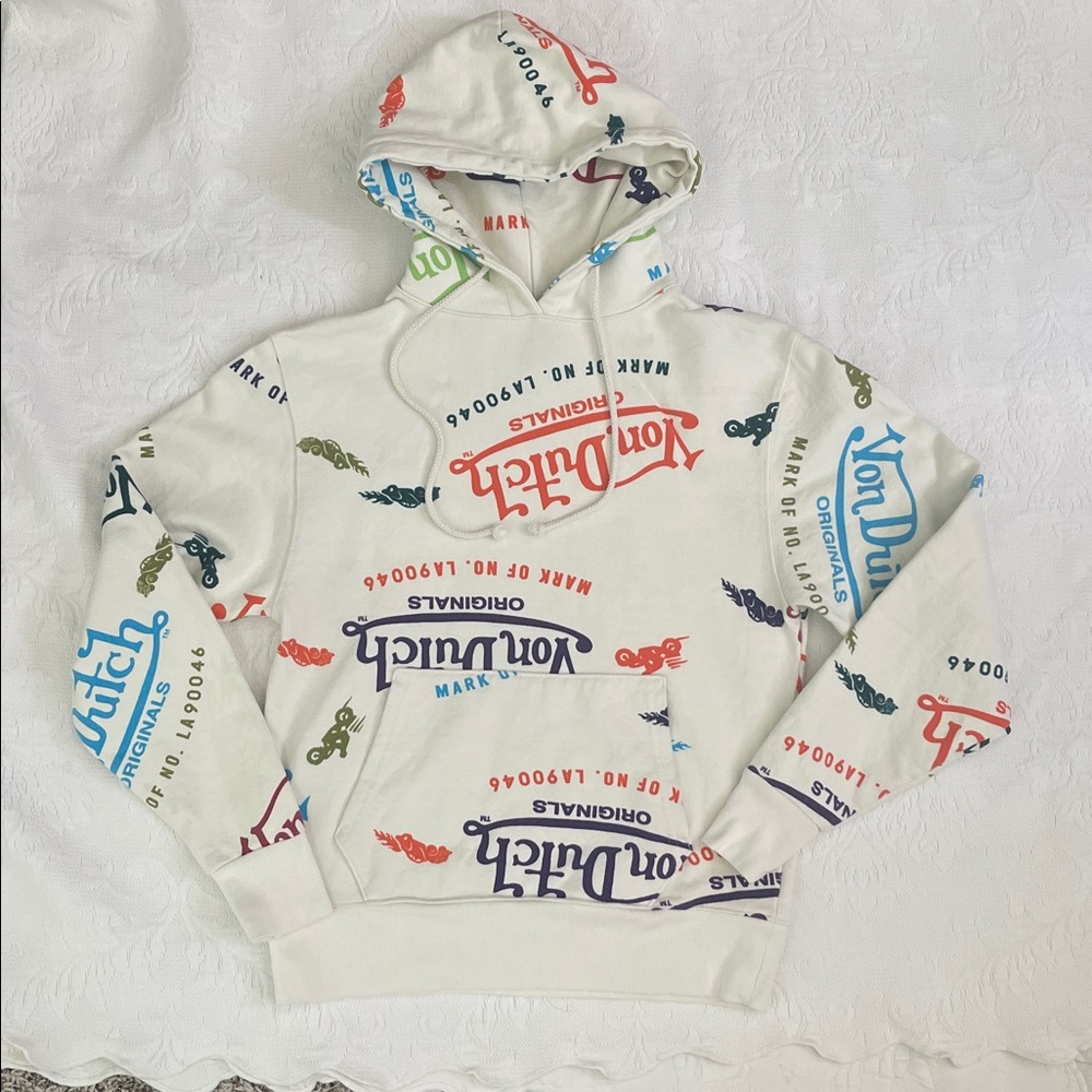 Vintage Authentic Von Dutch Allover Print White Sweatshirt Hoodie Size Small